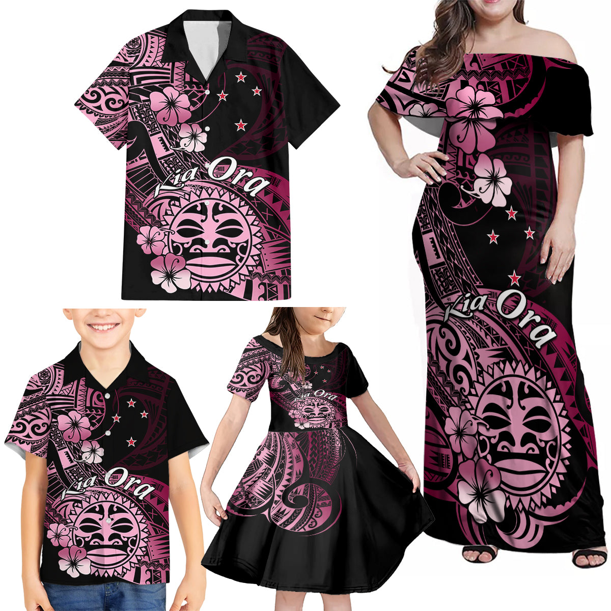 Aotearoa Kia Ora New Zealand Ta Moko Pink Version Family Matching Off Shoulder Maxi Dress and Hawaiian Shirt LT01 - Polynesian Pride