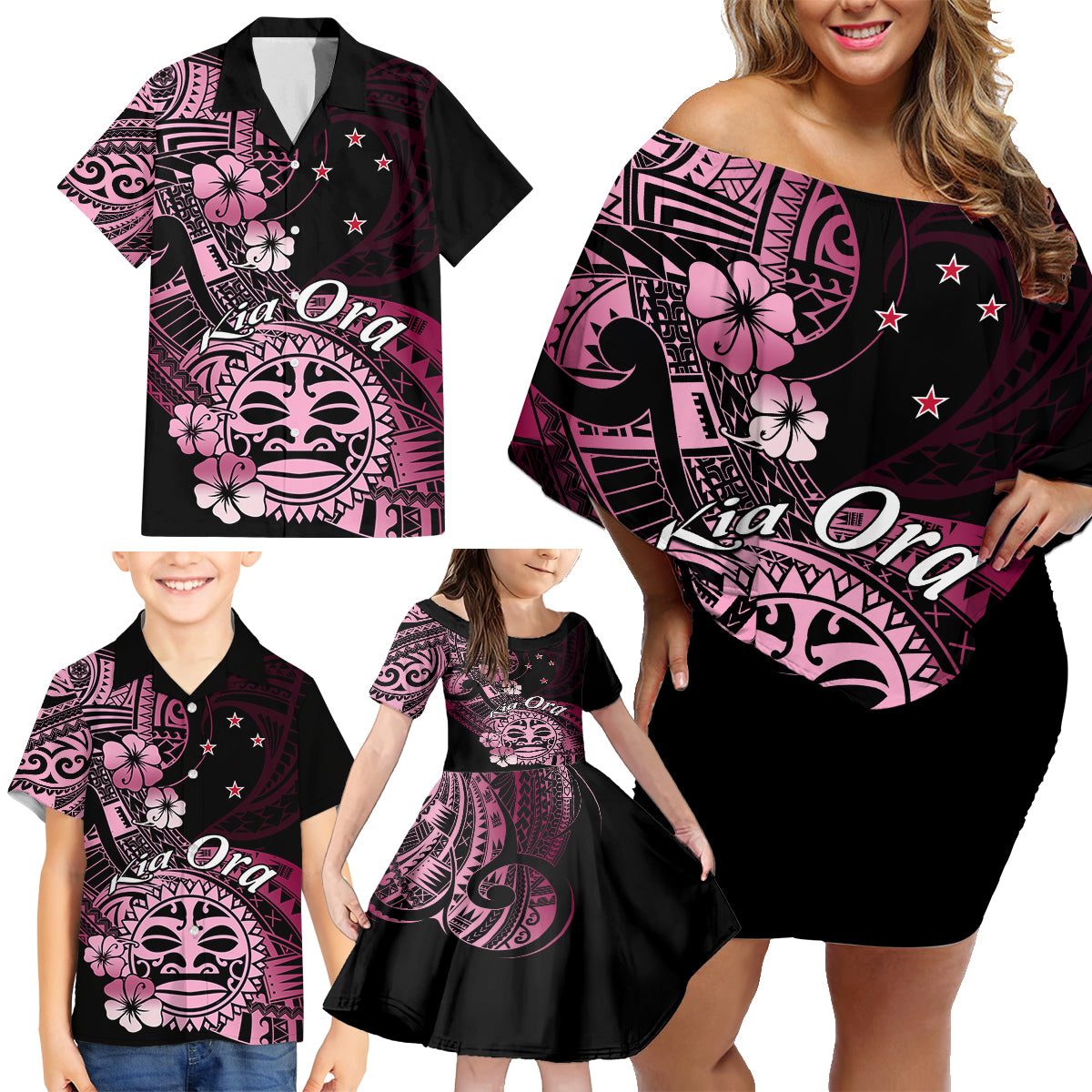 Aotearoa Kia Ora New Zealand Ta Moko Pink Version Family Matching Off Shoulder Short Dress and Hawaiian Shirt LT01 - Polynesian Pride