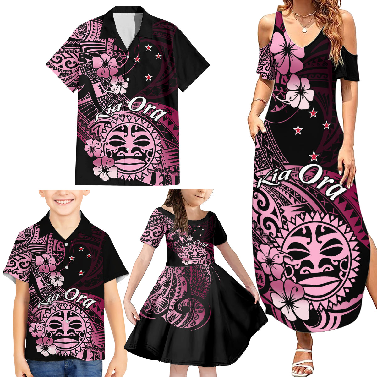 Aotearoa Kia Ora New Zealand Ta Moko Pink Version Family Matching Summer Maxi Dress and Hawaiian Shirt LT01 - Polynesian Pride