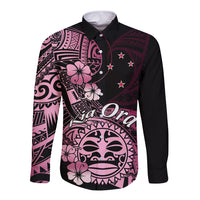 Aotearoa Kia Ora New Zealand Ta Moko Pink Version Long Sleeve Button Shirt LT01 Unisex Pink - Polynesian Pride