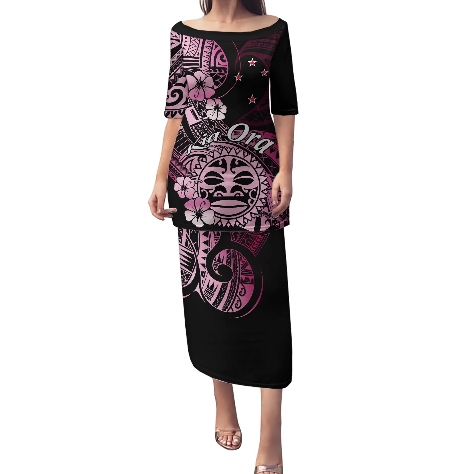 Aotearoa Kia Ora New Zealand Ta Moko Pink Version Puletasi LT01 Long Dress Pink - Polynesian Pride