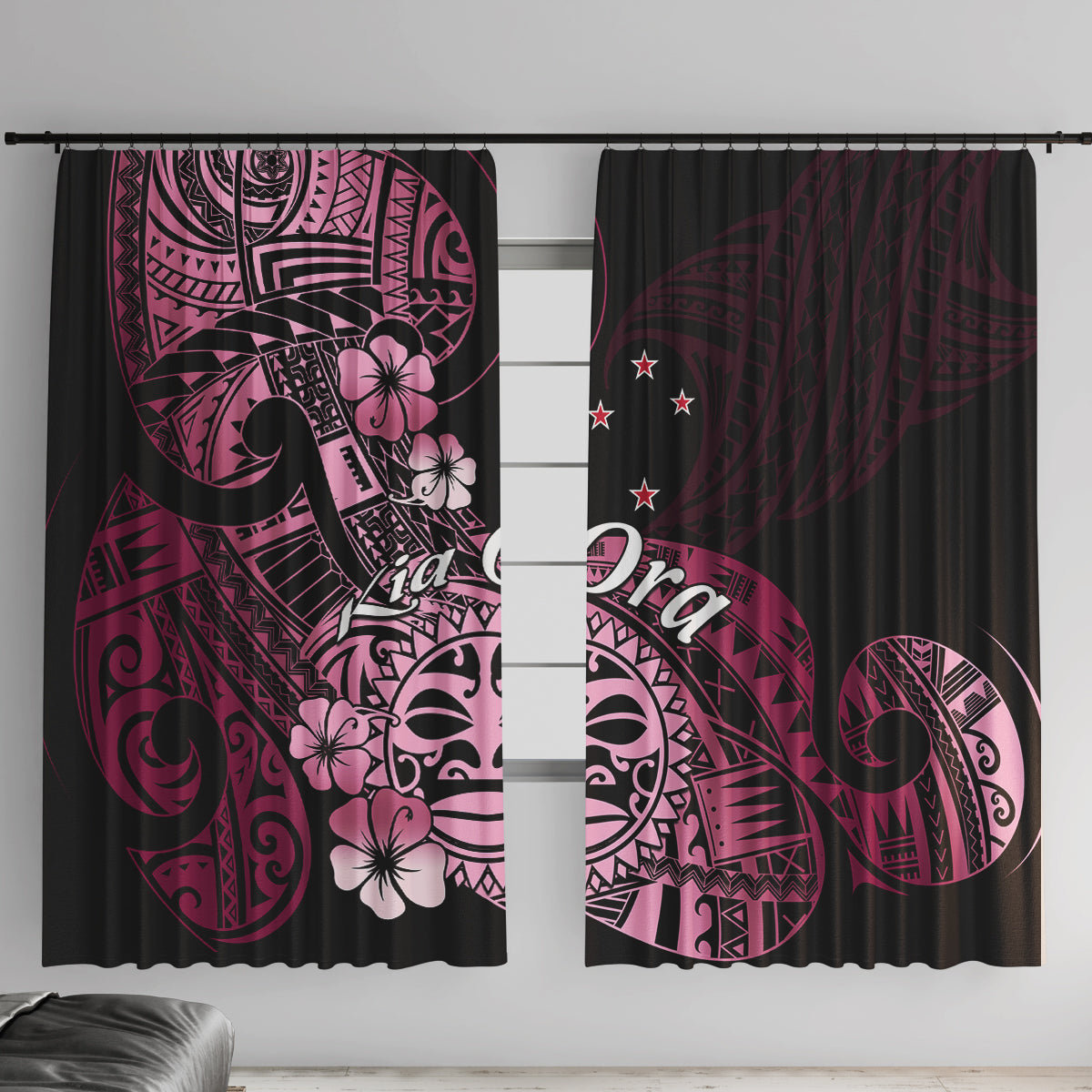 Aotearoa Kia Ora New Zealand Ta Moko Pink Version Window Curtain LT01 With Hooks Pink - Polynesian Pride