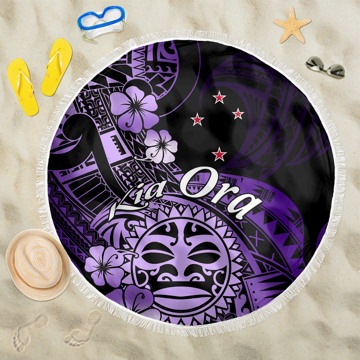 Aotearoa Kia Ora New Zealand Ta Moko Purple Version Beach Blanket LT01 One Size 150cm Purple - Polynesian Pride