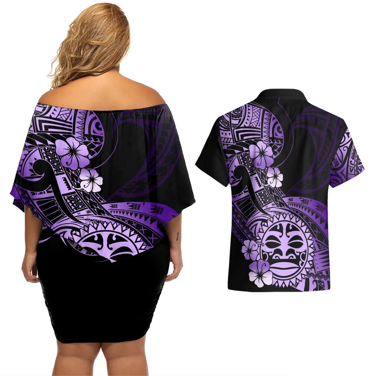 Aotearoa Kia Ora New Zealand Ta Moko Purple Version Couples Matching Off Shoulder Short Dress and Hawaiian Shirt LT01 - Polynesian Pride
