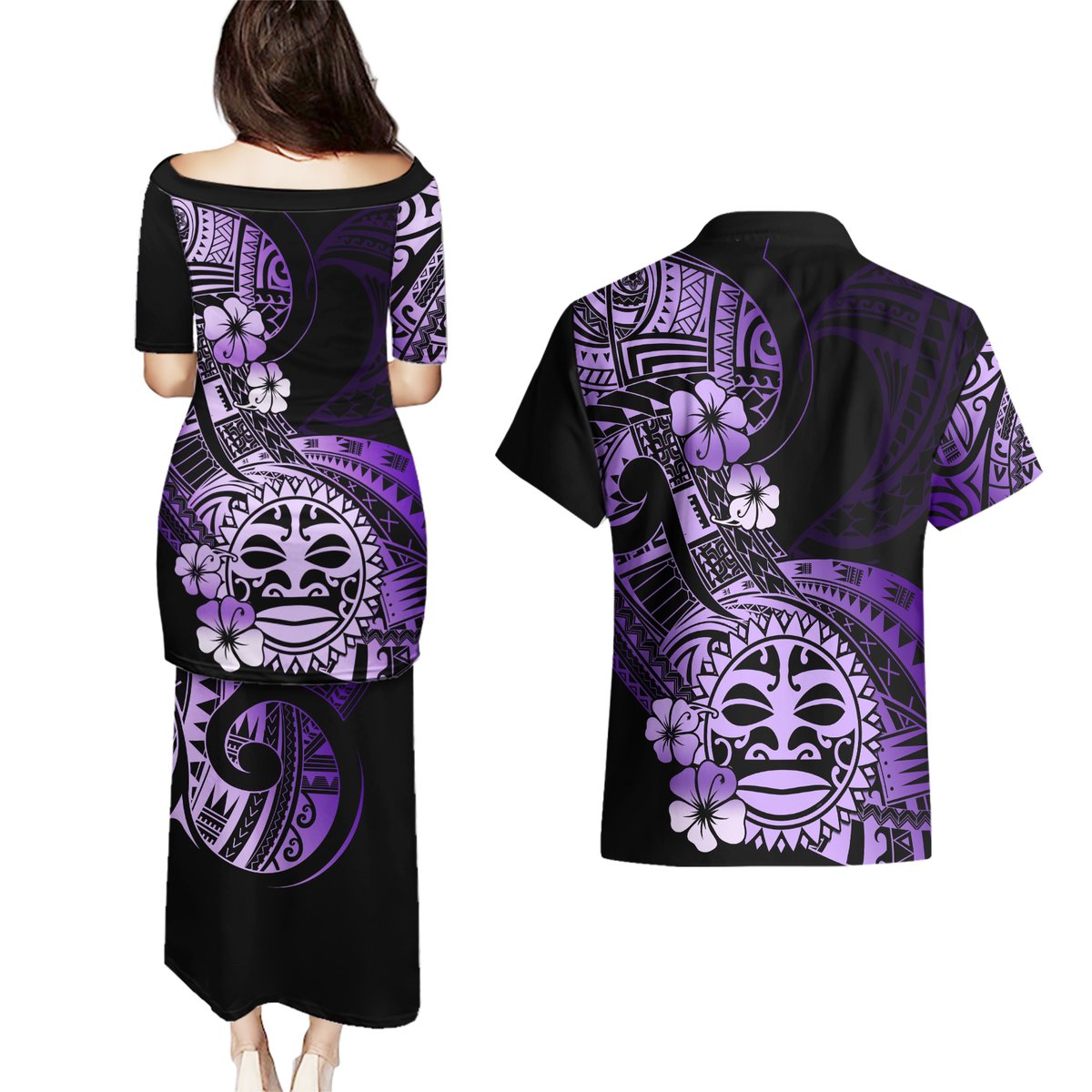 Aotearoa Kia Ora New Zealand Ta Moko Purple Version Couples Matching Puletasi Dress and Hawaiian Shirt LT01 - Polynesian Pride