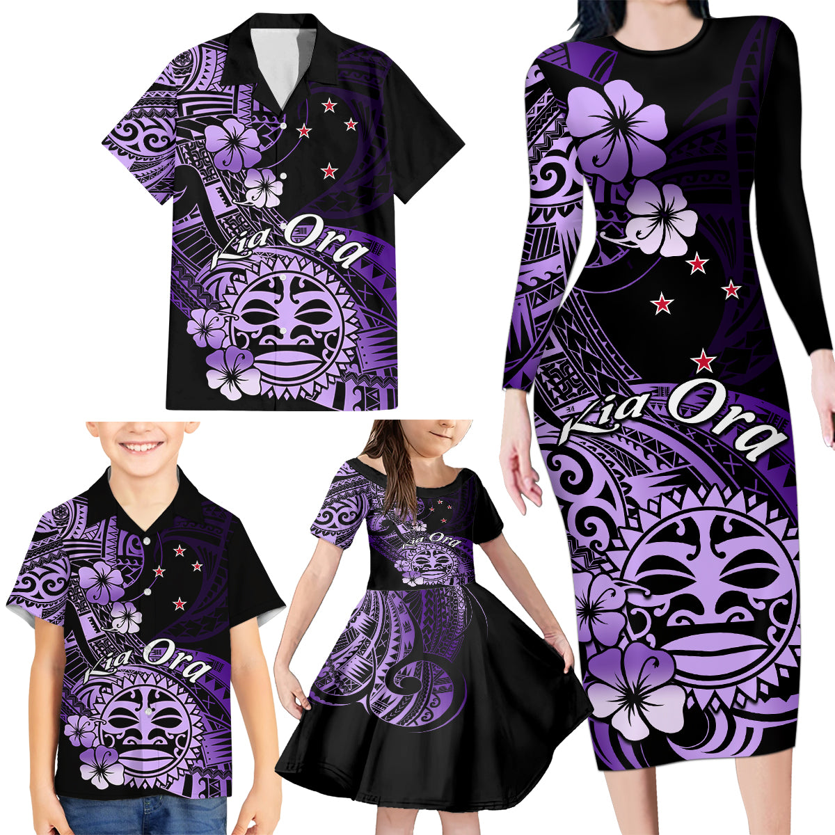 Aotearoa Kia Ora New Zealand Ta Moko Purple Version Family Matching Long Sleeve Bodycon Dress and Hawaiian Shirt LT01 - Polynesian Pride