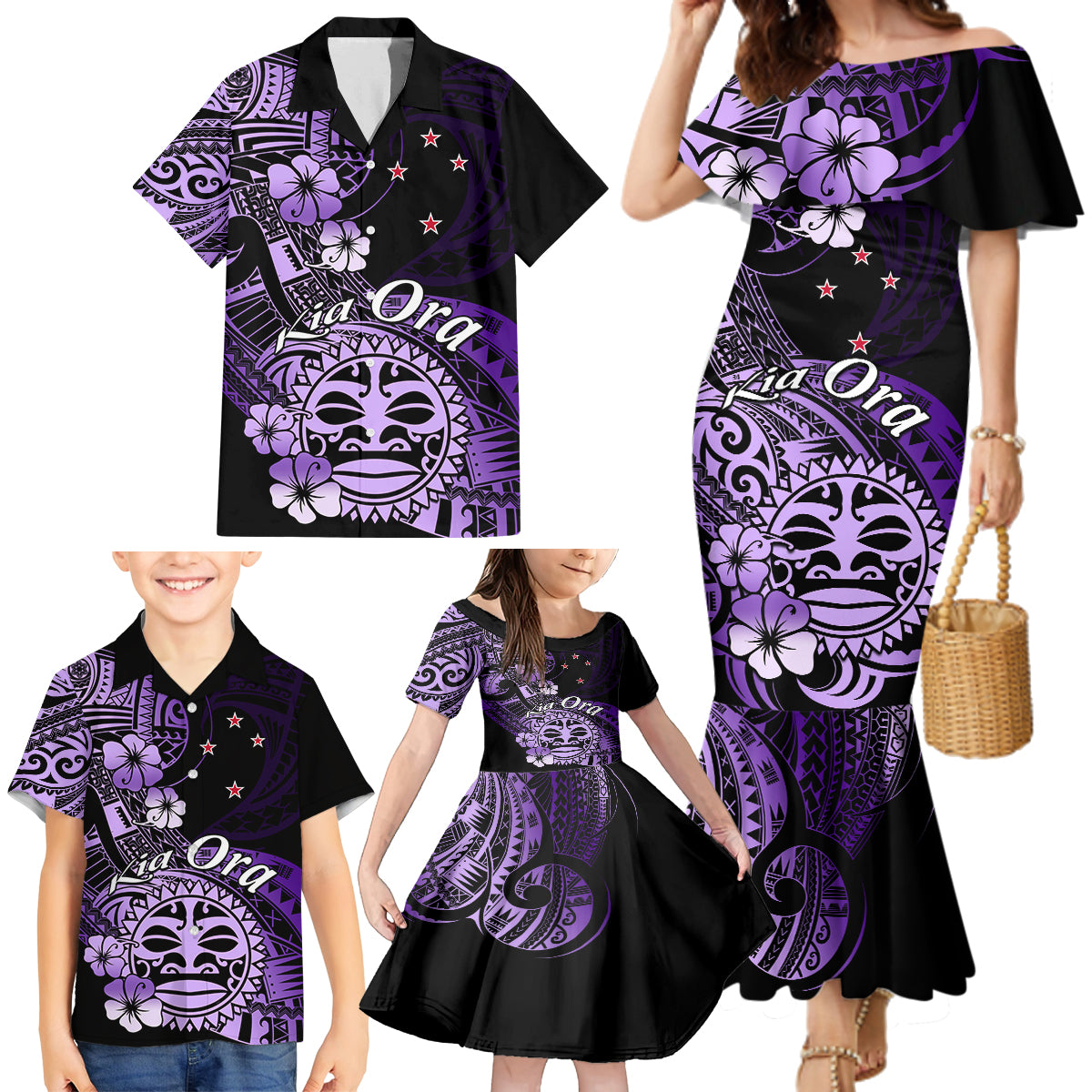 Aotearoa Kia Ora New Zealand Ta Moko Purple Version Family Matching Mermaid Dress and Hawaiian Shirt LT01 - Polynesian Pride