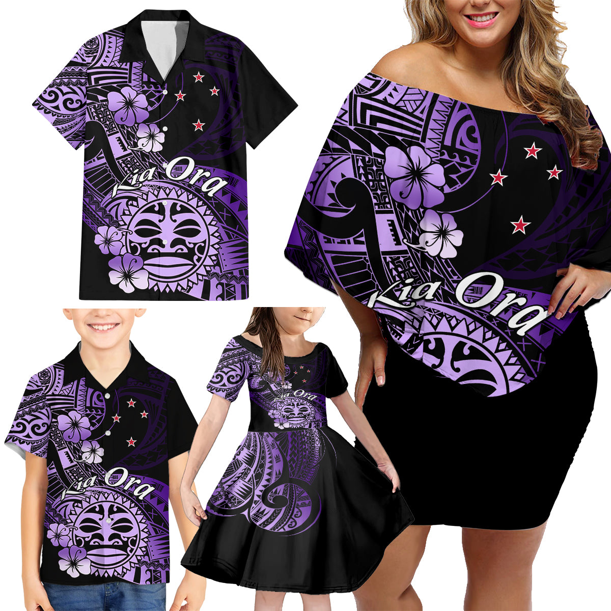 Aotearoa Kia Ora New Zealand Ta Moko Purple Version Family Matching Off Shoulder Short Dress and Hawaiian Shirt LT01 - Polynesian Pride