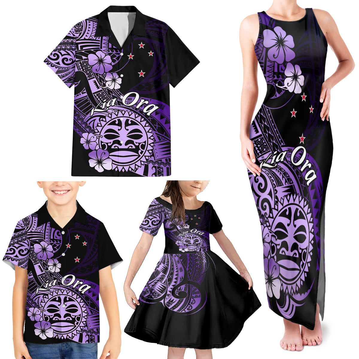 Aotearoa Kia Ora New Zealand Ta Moko Purple Version Family Matching Tank Maxi Dress and Hawaiian Shirt LT01 - Polynesian Pride