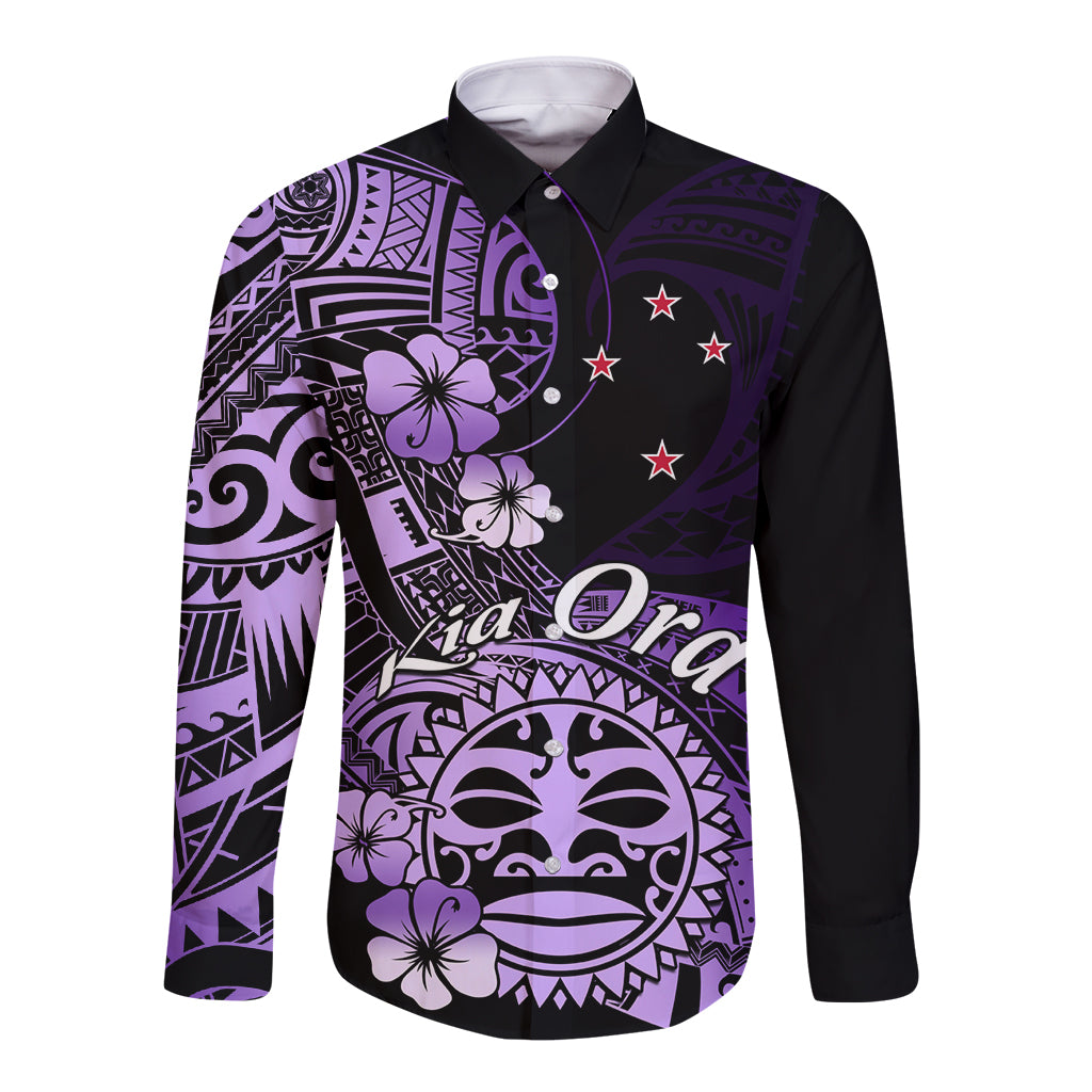 Aotearoa Kia Ora New Zealand Ta Moko Purple Version Long Sleeve Button Shirt LT01 Unisex Purple - Polynesian Pride