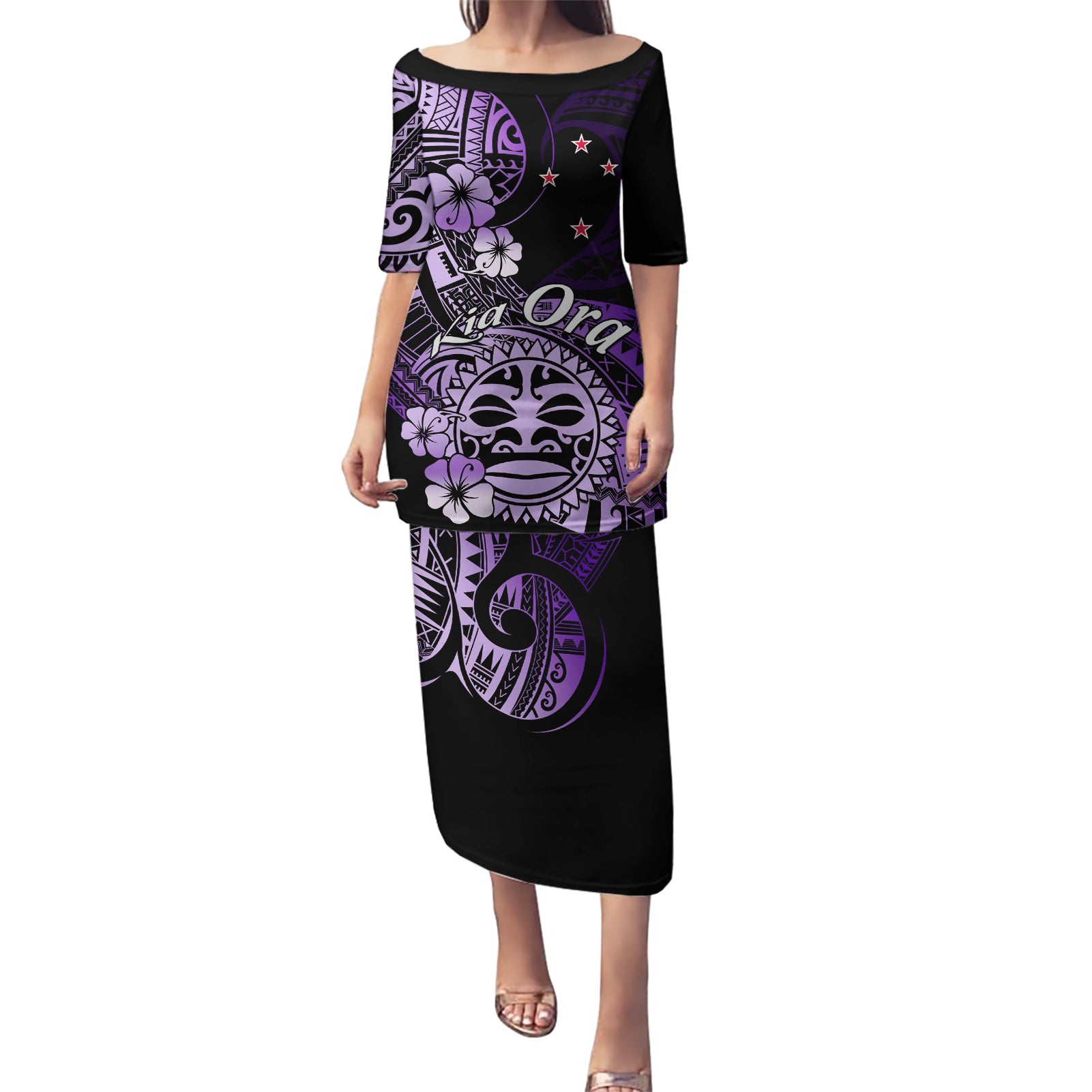 Aotearoa Kia Ora New Zealand Ta Moko Purple Version Puletasi LT01 Long Dress Purple - Polynesian Pride