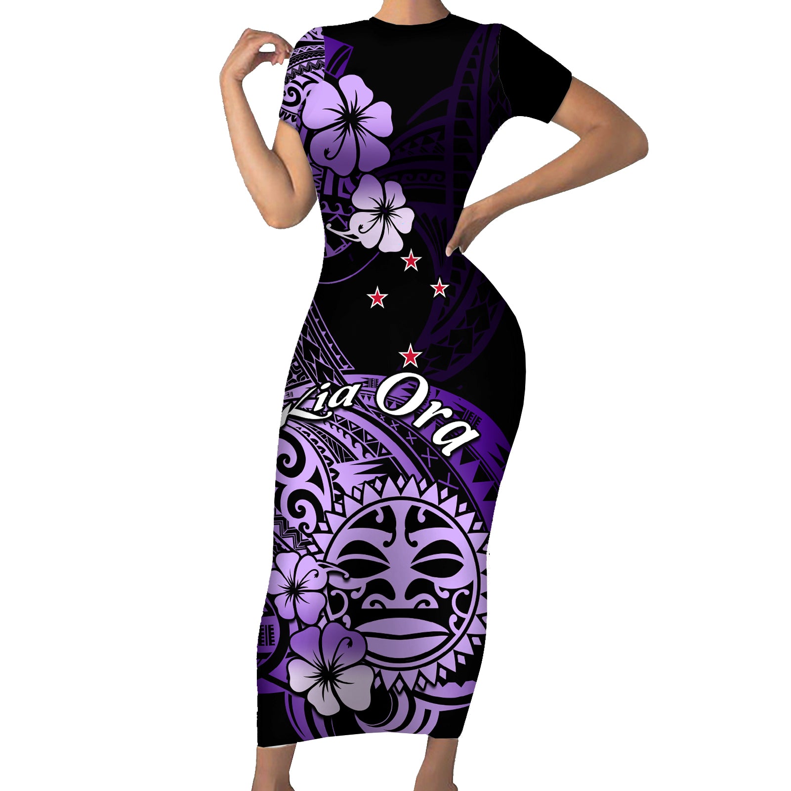 Aotearoa Kia Ora New Zealand Ta Moko Purple Version Short Sleeve Bodycon Dress LT01 Long Dress Purple - Polynesian Pride