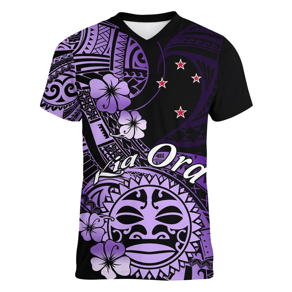 Aotearoa Kia Ora New Zealand Ta Moko Purple Version Women V Neck T Shirt LT01 Female Purple - Polynesian Pride