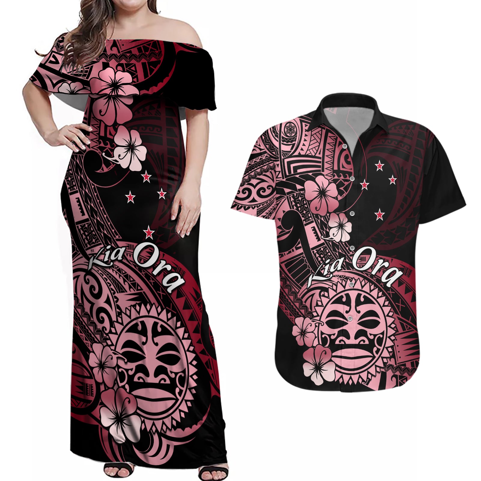 Aotearoa Kia Ora New Zealand Ta Moko Red Version Couples Matching Off Shoulder Maxi Dress and Hawaiian Shirt LT01 Red - Polynesian Pride