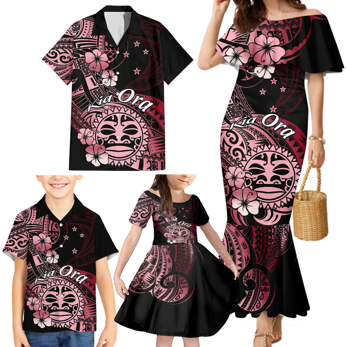 Aotearoa Kia Ora New Zealand Ta Moko Red Version Family Matching Mermaid Dress and Hawaiian Shirt LT01 - Polynesian Pride