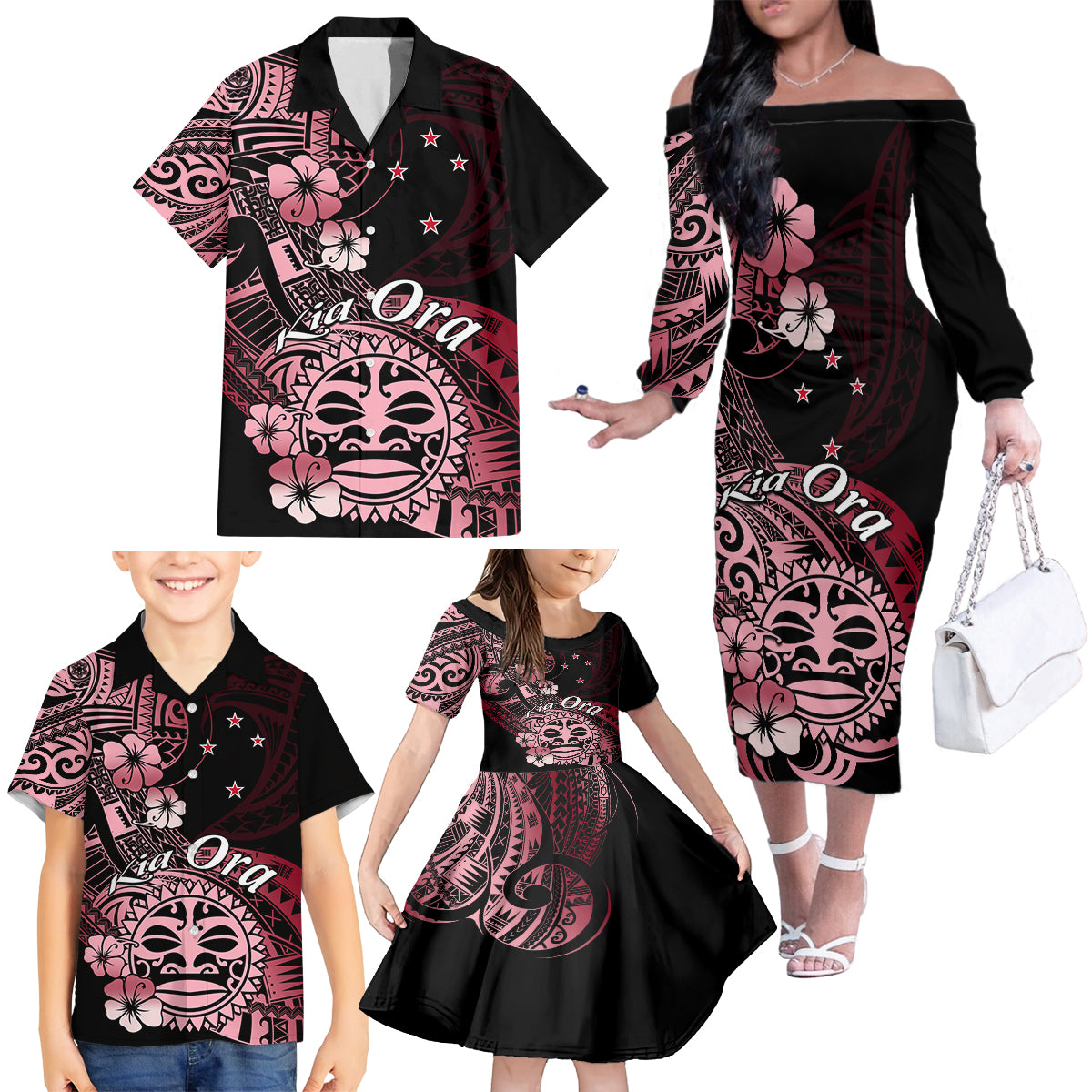 Aotearoa Kia Ora New Zealand Ta Moko Red Version Family Matching Off Shoulder Long Sleeve Dress and Hawaiian Shirt LT01 - Polynesian Pride