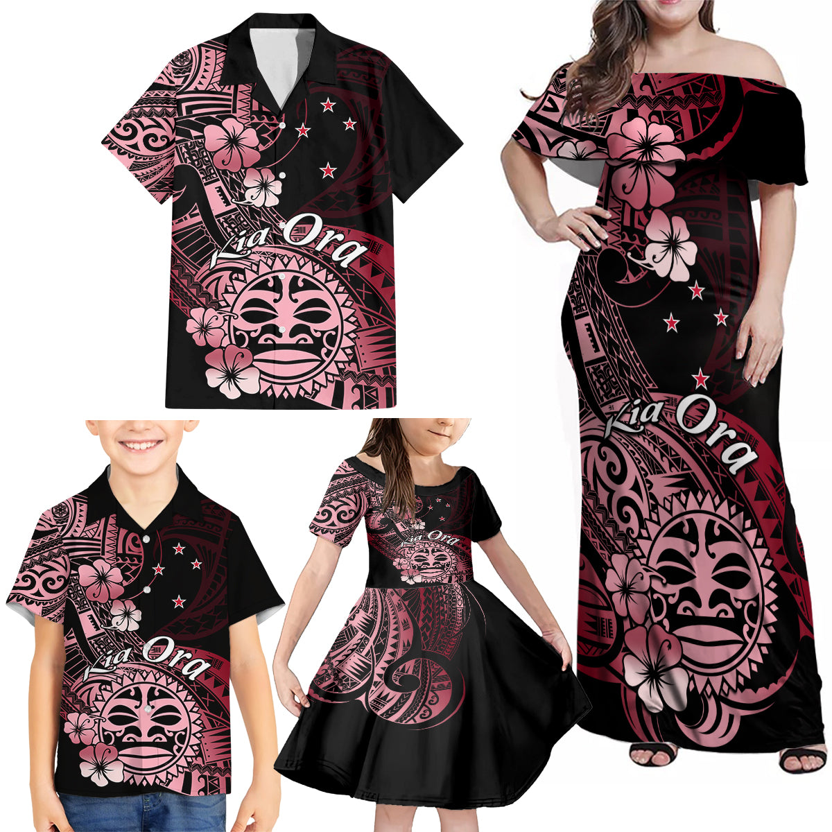 Aotearoa Kia Ora New Zealand Ta Moko Red Version Family Matching Off Shoulder Maxi Dress and Hawaiian Shirt LT01 - Polynesian Pride