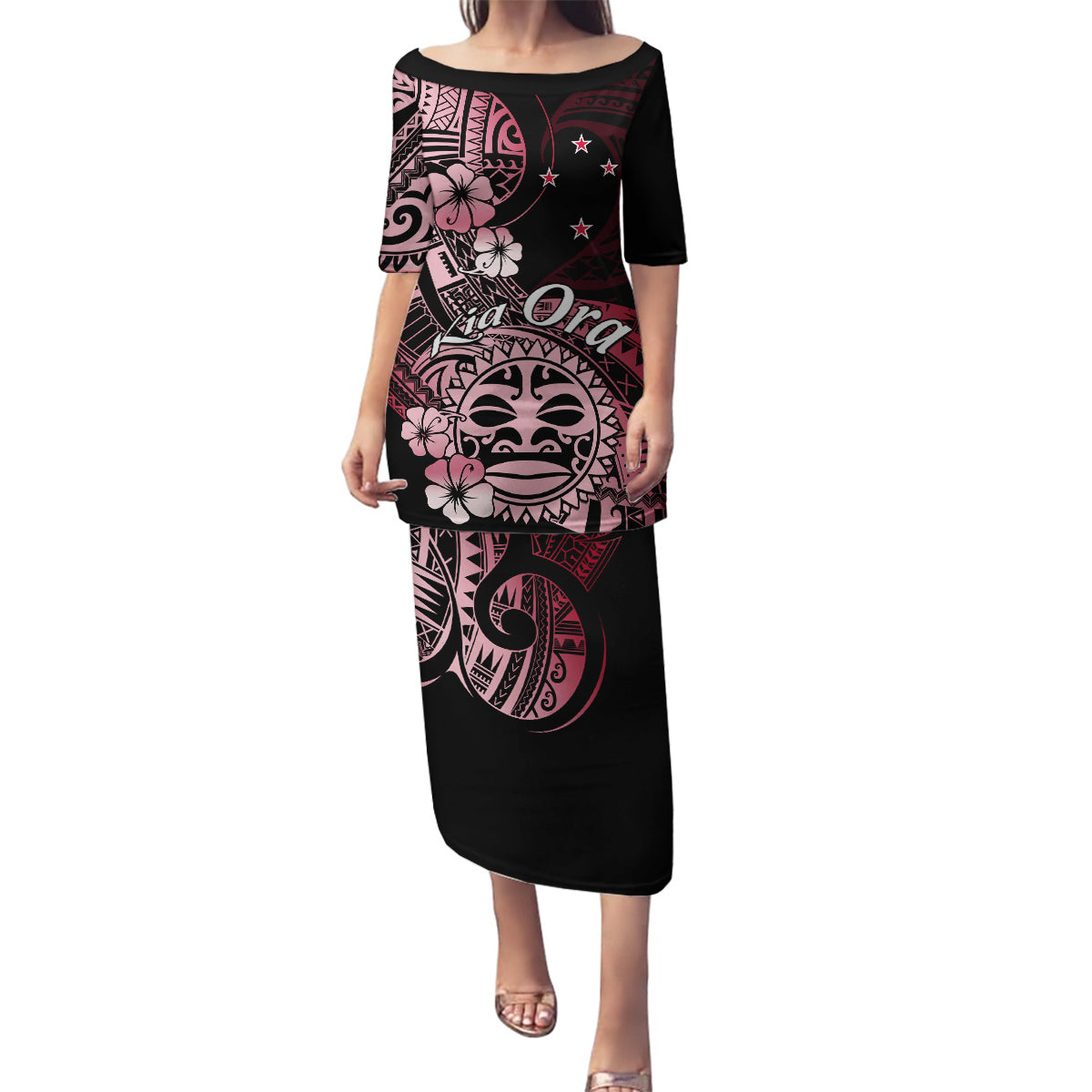 Aotearoa Kia Ora New Zealand Ta Moko Red Version Family Matching Puletasi Dress and Hawaiian Shirt LT01 Mom's Dress Red - Polynesian Pride
