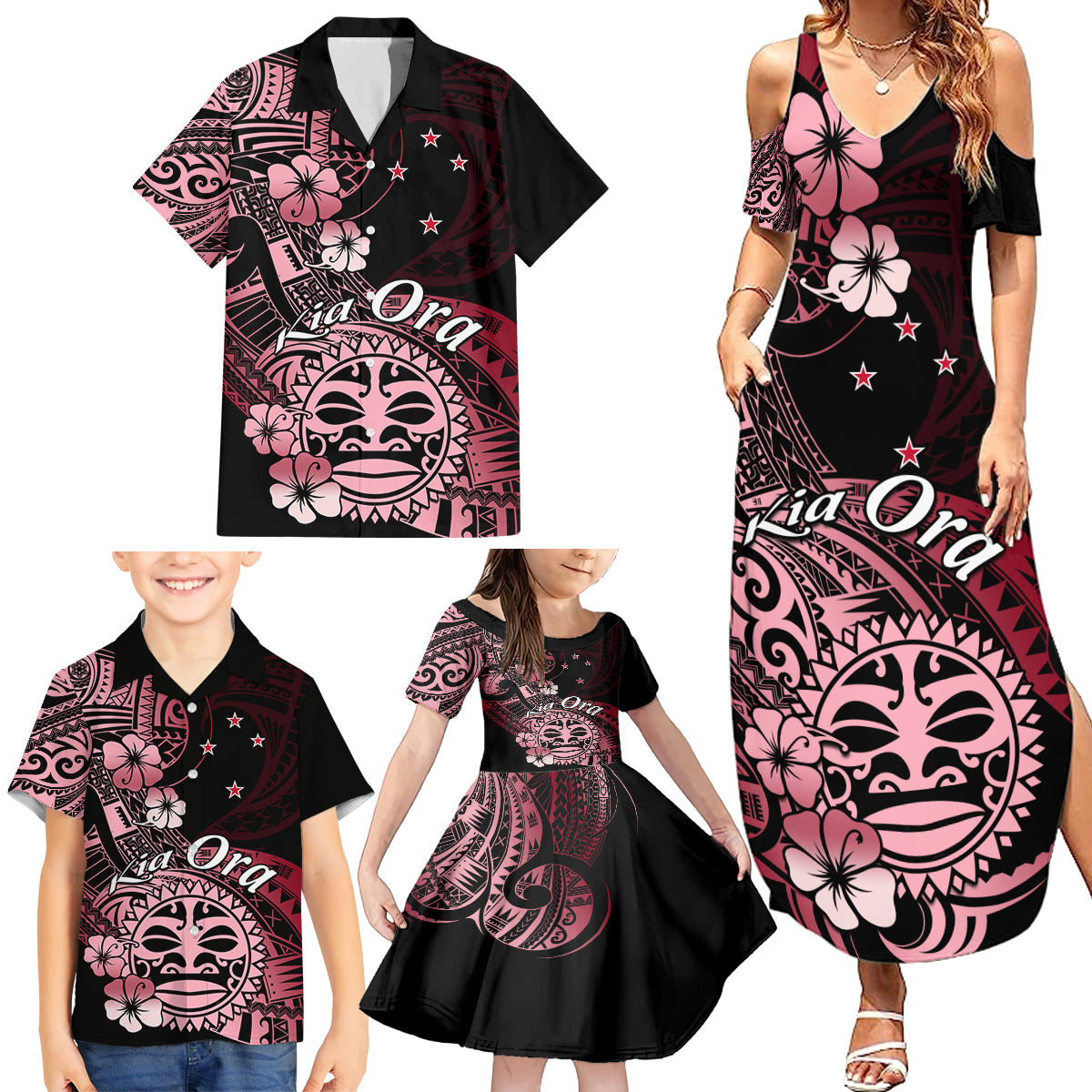 Aotearoa Kia Ora New Zealand Ta Moko Red Version Family Matching Summer Maxi Dress and Hawaiian Shirt LT01 - Polynesian Pride