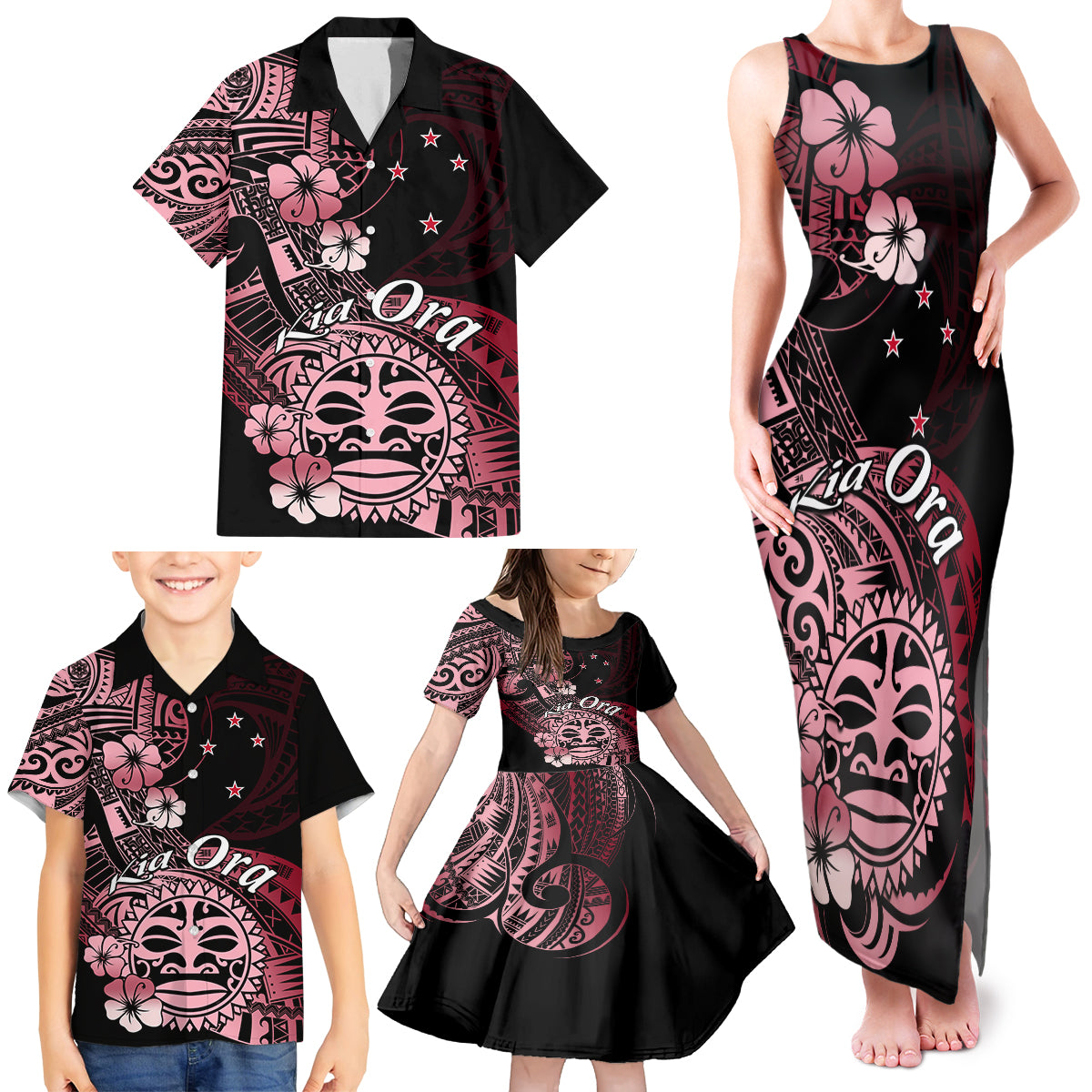 Aotearoa Kia Ora New Zealand Ta Moko Red Version Family Matching Tank Maxi Dress and Hawaiian Shirt LT01 - Polynesian Pride