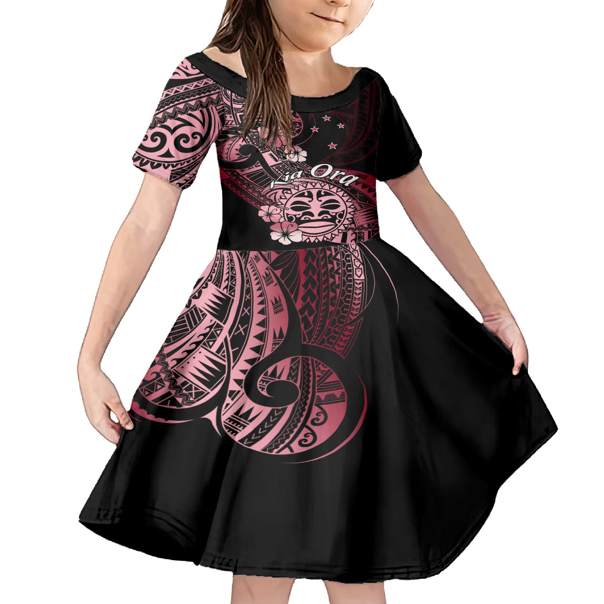 Aotearoa Kia Ora New Zealand Ta Moko Red Version Kid Short Sleeve Dress LT01 KID Red - Polynesian Pride