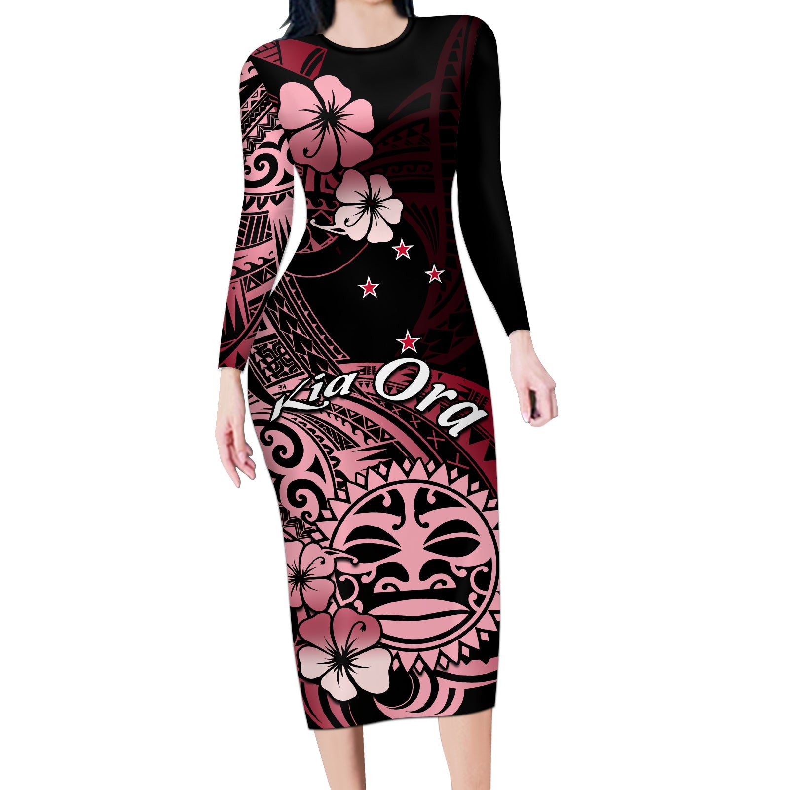 Aotearoa Kia Ora New Zealand Ta Moko Red Version Long Sleeve Bodycon Dress LT01 Long Dress Red - Polynesian Pride