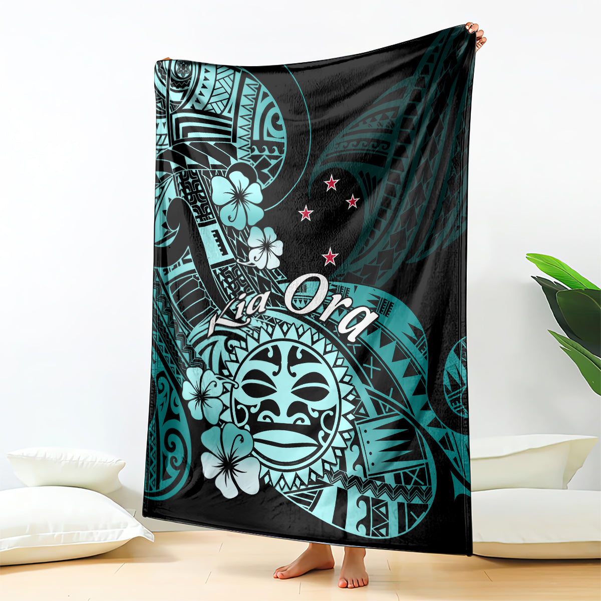 Aotearoa Kia Ora New Zealand Ta Moko Turquoise Version Blanket LT01 Turquoise - Polynesian Pride