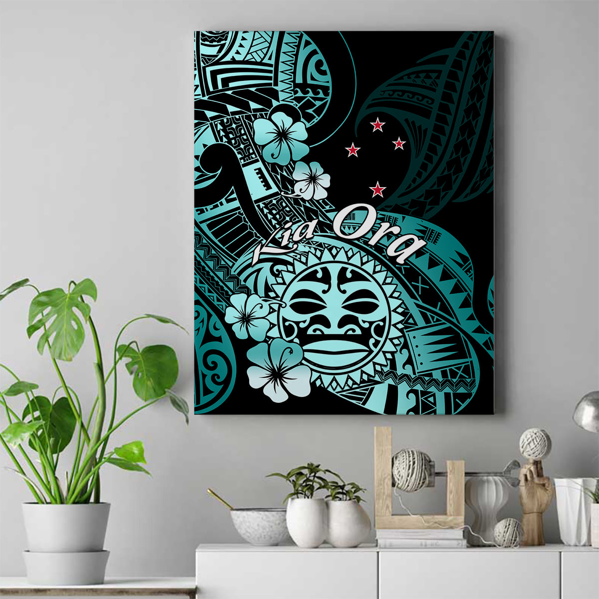 Aotearoa Kia Ora New Zealand Ta Moko Turquoise Version Canvas Wall Art LT01 Turquoise - Polynesian Pride