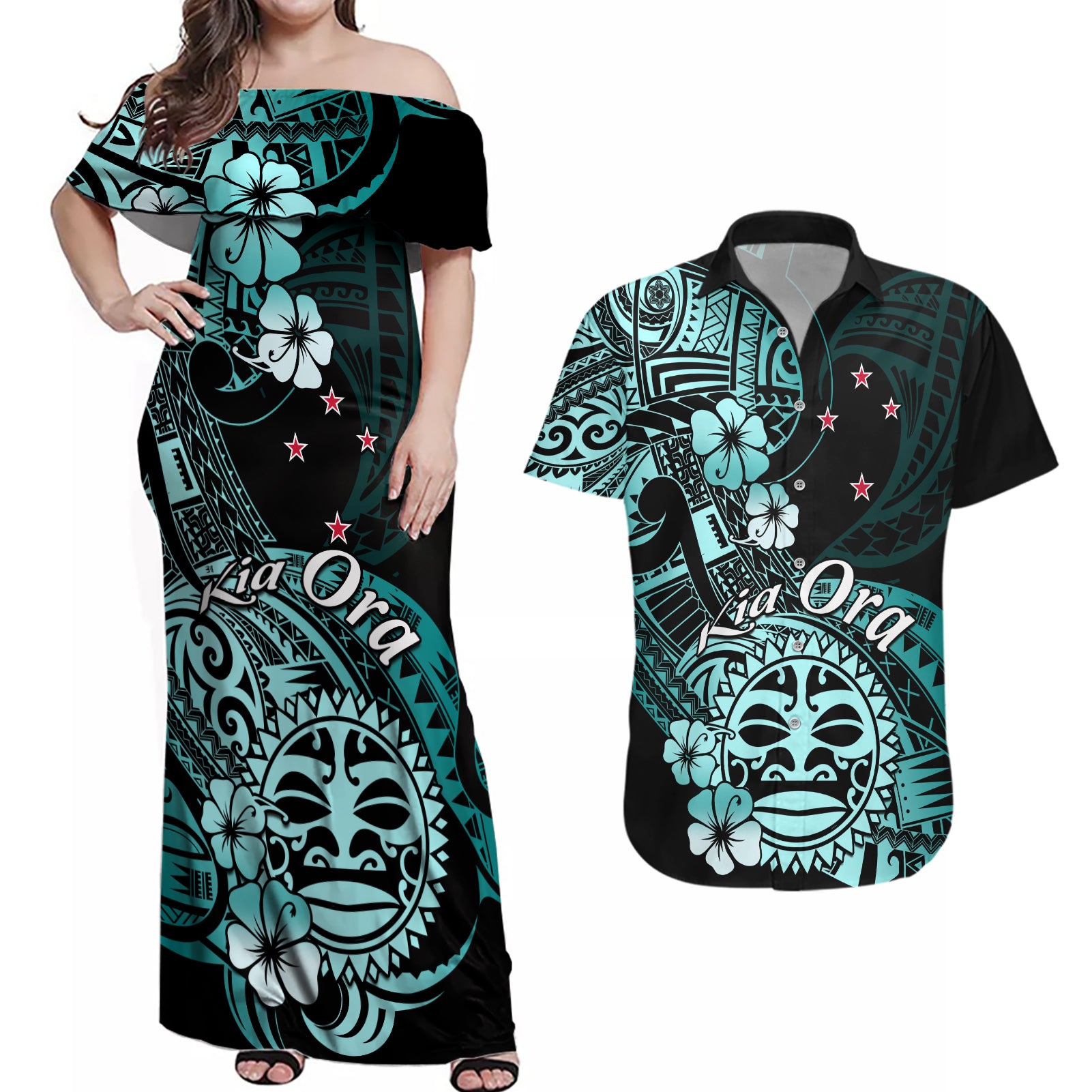 Aotearoa Kia Ora New Zealand Ta Moko Turquoise Version Couples Matching Off Shoulder Maxi Dress and Hawaiian Shirt LT01 Turquoise - Polynesian Pride