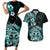 Aotearoa Kia Ora New Zealand Ta Moko Turquoise Version Couples Matching Short Sleeve Bodycon Dress and Hawaiian Shirt LT01 Turquoise - Polynesian Pride