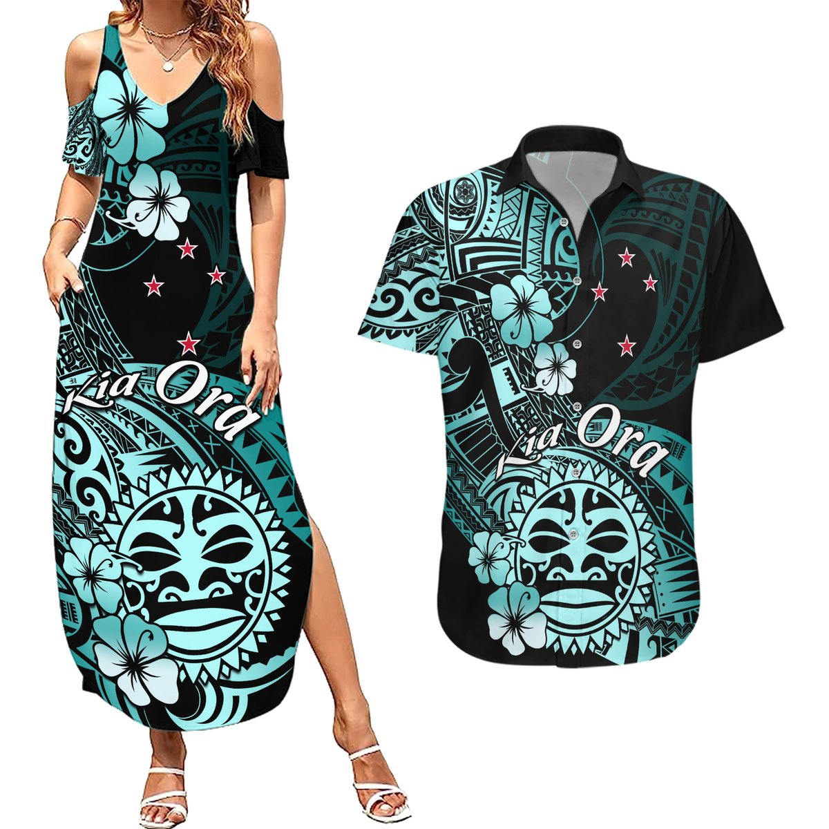 Aotearoa Kia Ora New Zealand Ta Moko Turquoise Version Couples Matching Summer Maxi Dress and Hawaiian Shirt LT01 Turquoise - Polynesian Pride