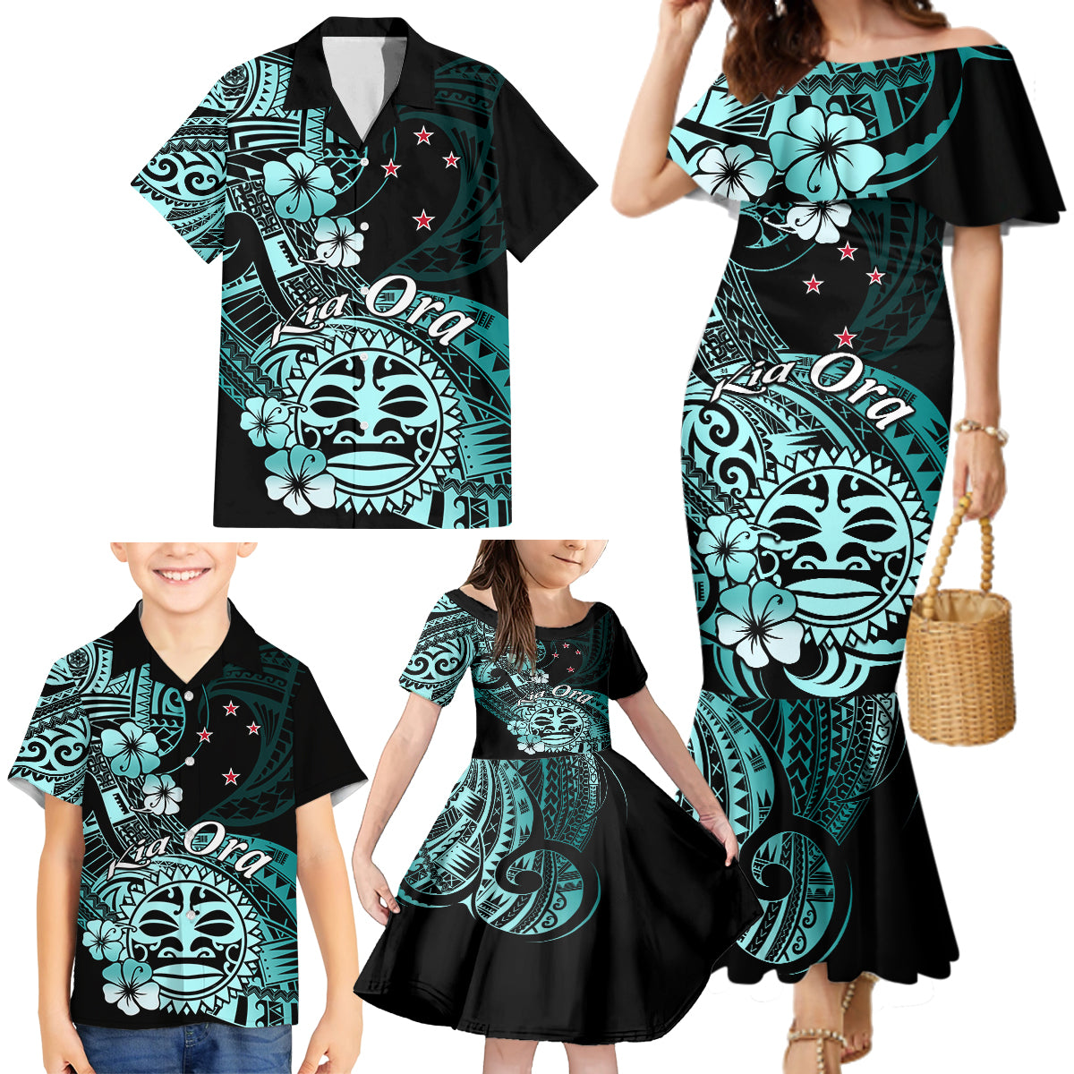 Aotearoa Kia Ora New Zealand Ta Moko Turquoise Version Family Matching Mermaid Dress and Hawaiian Shirt LT01 - Polynesian Pride