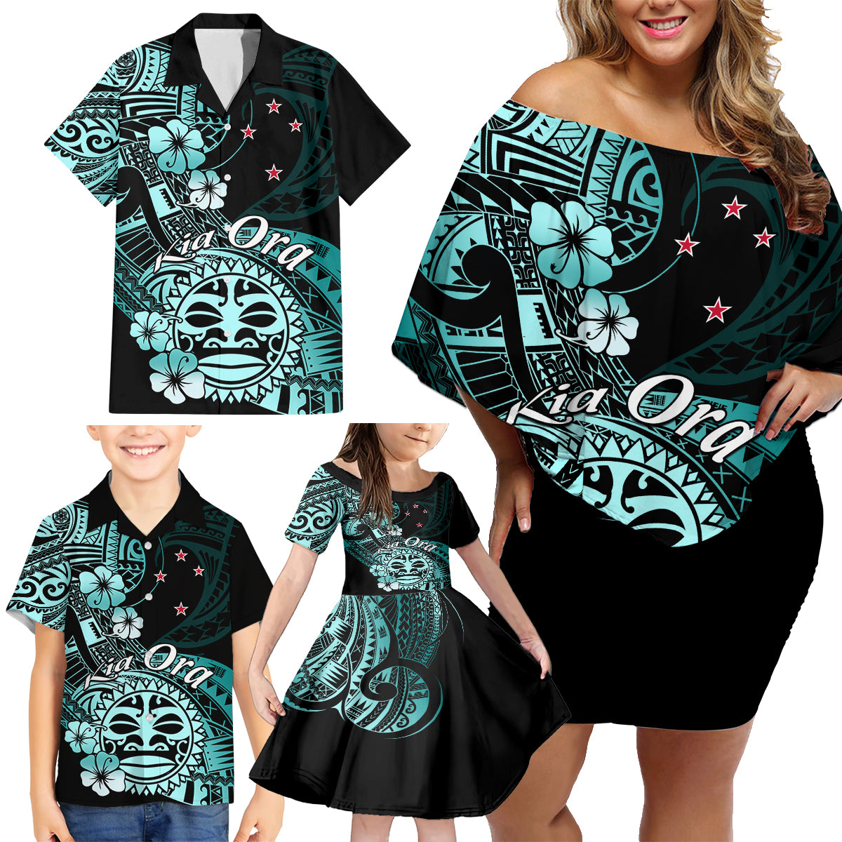 Aotearoa Kia Ora New Zealand Ta Moko Turquoise Version Family Matching Off Shoulder Short Dress and Hawaiian Shirt LT01 - Polynesian Pride