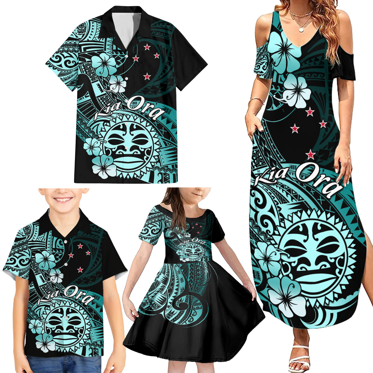 Aotearoa Kia Ora New Zealand Ta Moko Turquoise Version Family Matching Summer Maxi Dress and Hawaiian Shirt LT01 - Polynesian Pride