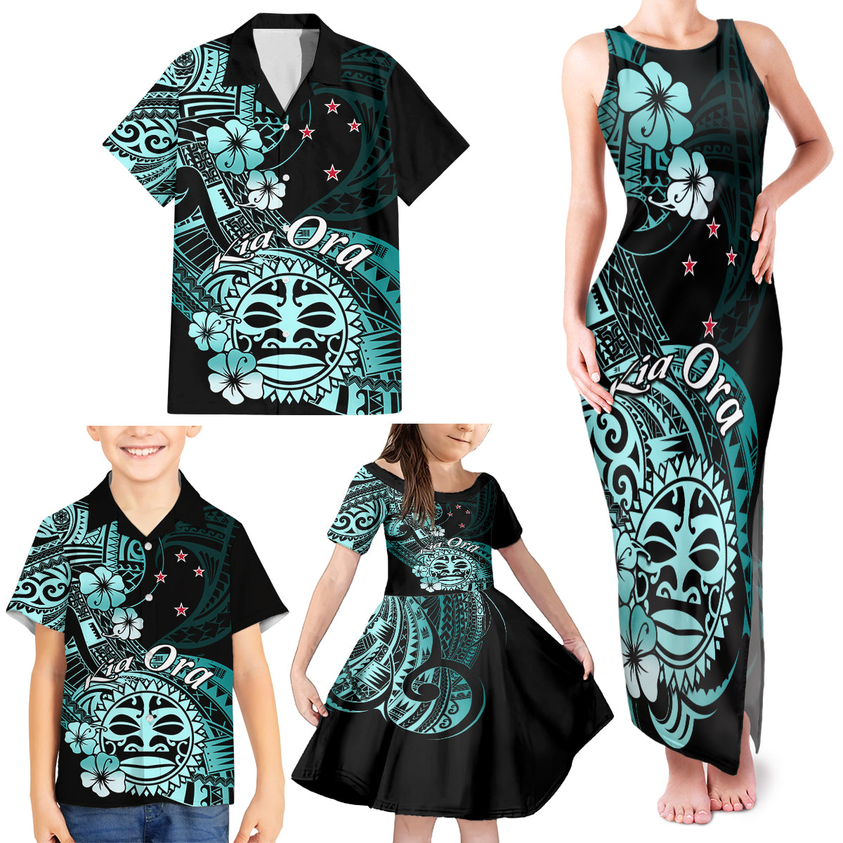 Aotearoa Kia Ora New Zealand Ta Moko Turquoise Version Family Matching Tank Maxi Dress and Hawaiian Shirt LT01 - Polynesian Pride