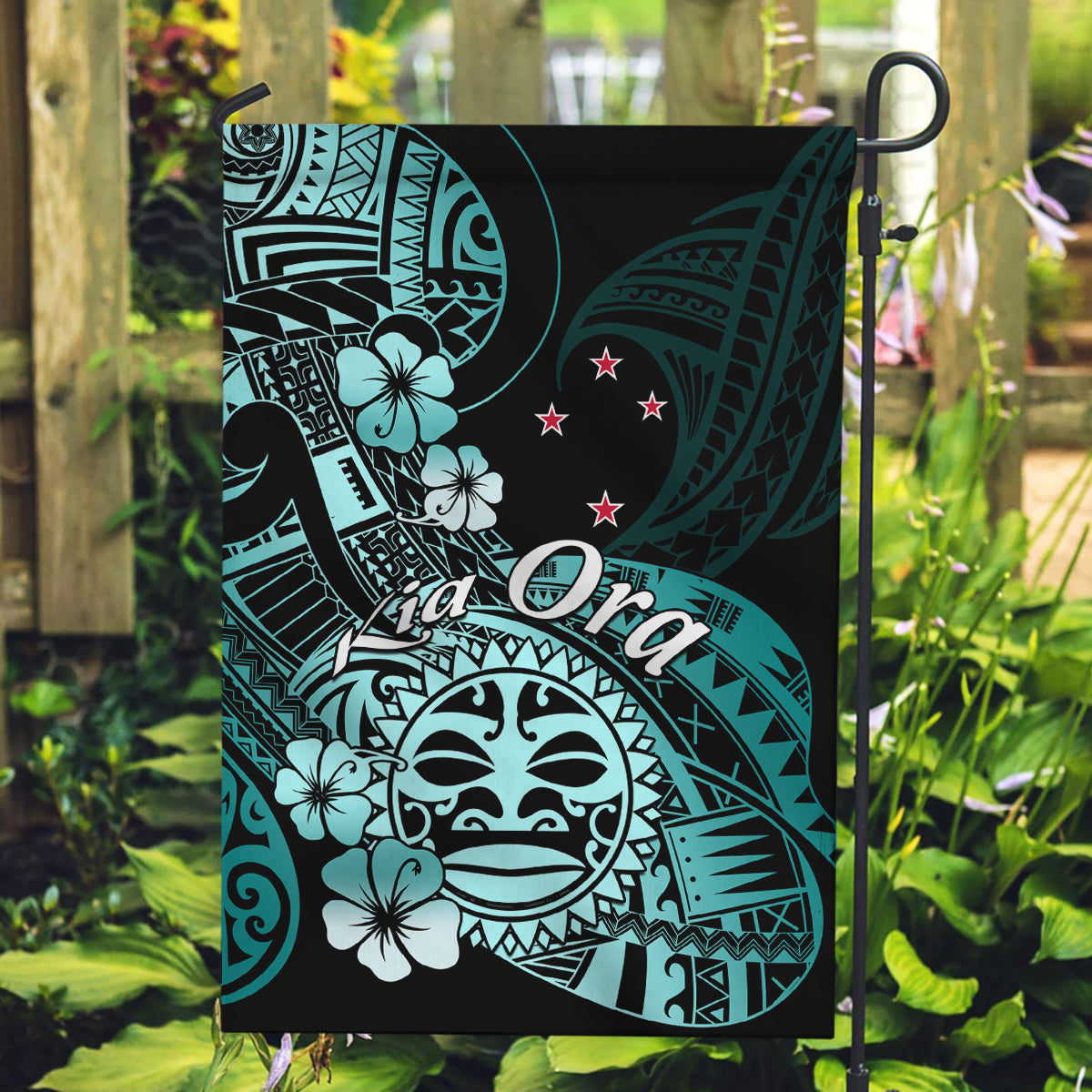 Aotearoa Kia Ora New Zealand Ta Moko Turquoise Version Garden Flag LT01 Garden Flag Turquoise - Polynesian Pride