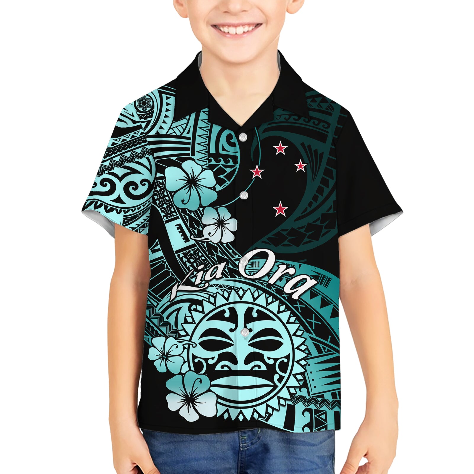 Aotearoa Kia Ora New Zealand Ta Moko Turquoise Version Kid Hawaiian Shirt LT01 Kid Turquoise - Polynesian Pride