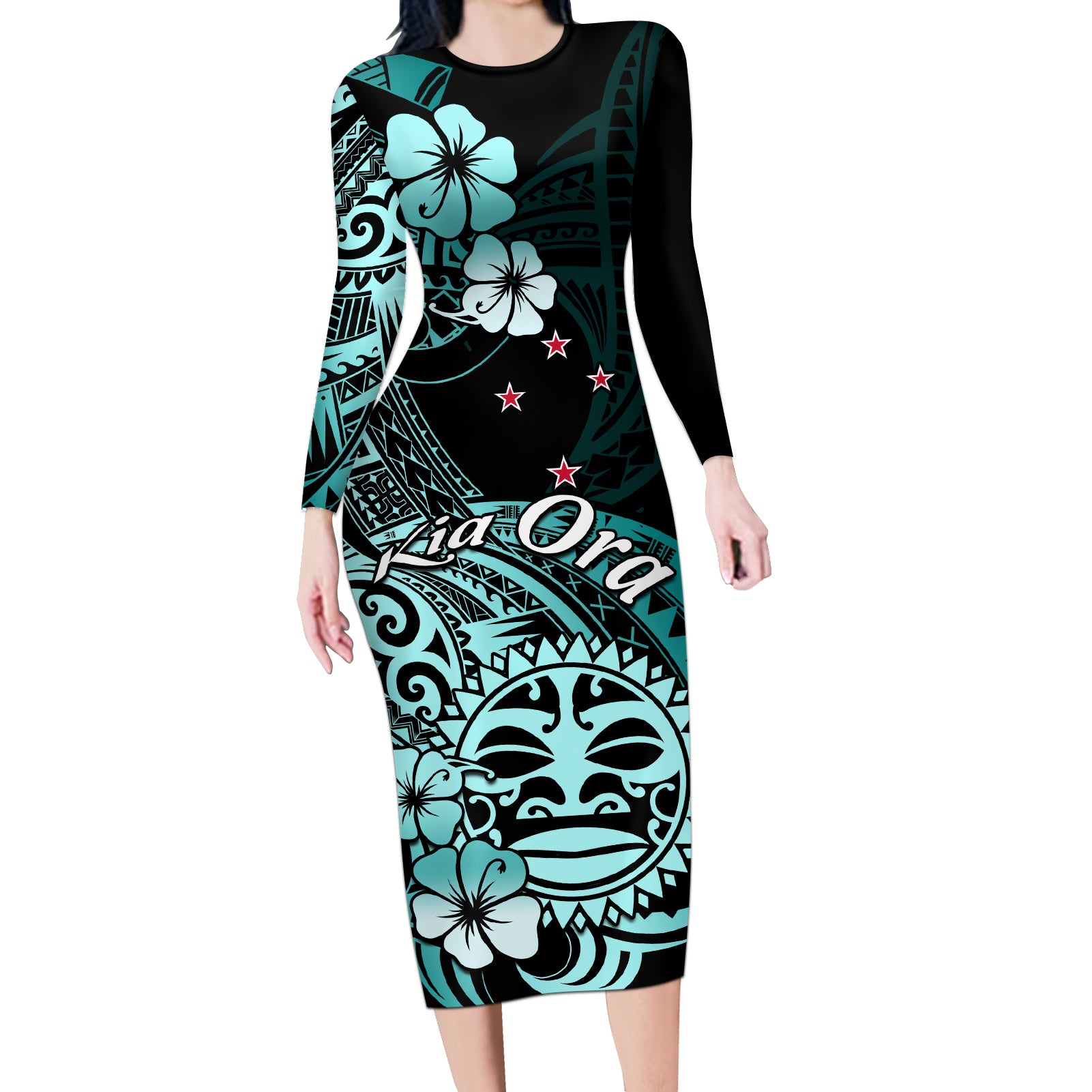 Aotearoa Kia Ora New Zealand Ta Moko Turquoise Version Long Sleeve Bodycon Dress LT01 Long Dress Turquoise - Polynesian Pride