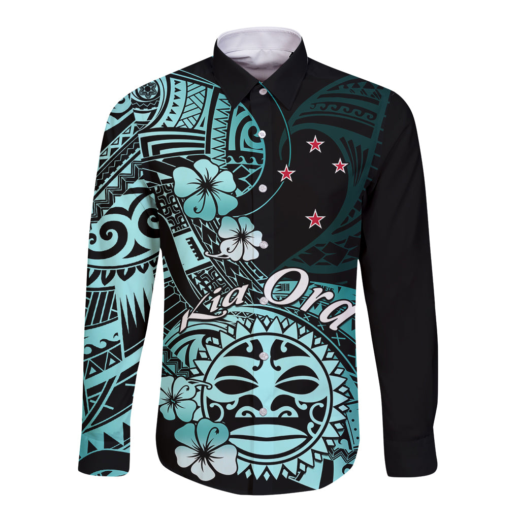 Aotearoa Kia Ora New Zealand Ta Moko Turquoise Version Long Sleeve Button Shirt LT01 Unisex Turquoise - Polynesian Pride