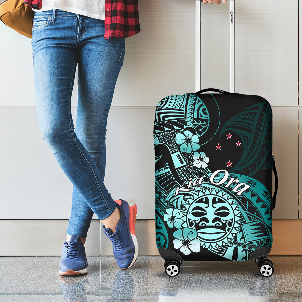 Aotearoa Kia Ora New Zealand Ta Moko Turquoise Version Luggage Cover LT01 - Polynesian Pride