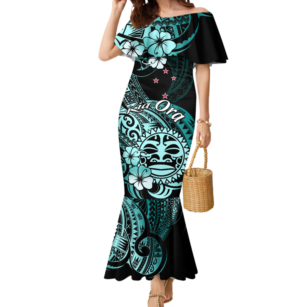 Aotearoa Kia Ora New Zealand Ta Moko Turquoise Version Mermaid Dress LT01 Women Turquoise - Polynesian Pride