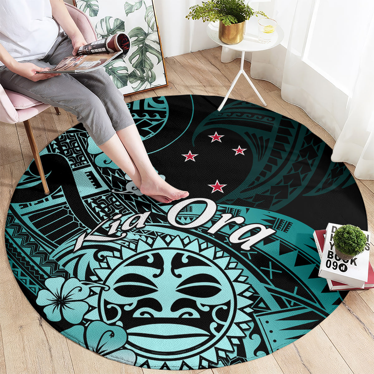 Aotearoa Kia Ora New Zealand Ta Moko Turquoise Version Round Carpet LT01 - Polynesian Pride