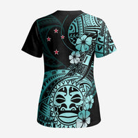 Aotearoa Kia Ora New Zealand Ta Moko Turquoise Version Scrub Top LT01 - Polynesian Pride
