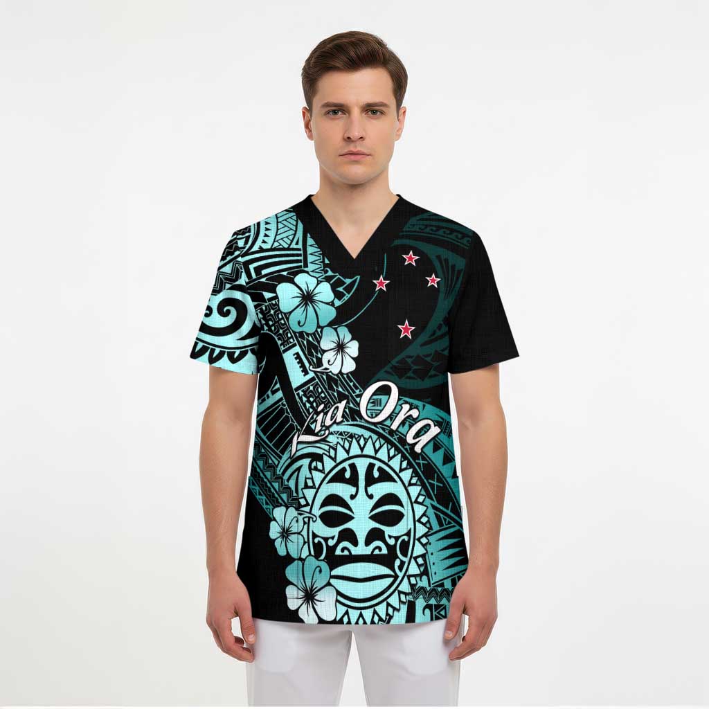 Aotearoa Kia Ora New Zealand Ta Moko Turquoise Version Scrub Top LT01 - Polynesian Pride