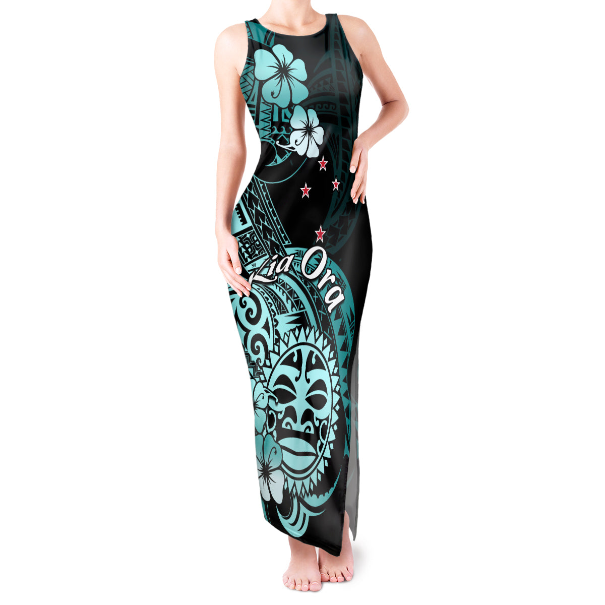 Aotearoa Kia Ora New Zealand Ta Moko Turquoise Version Tank Maxi Dress LT01 Women Turquoise - Polynesian Pride