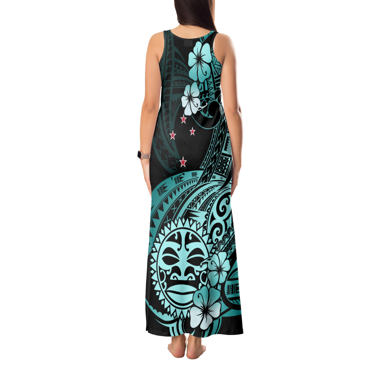 Aotearoa Kia Ora New Zealand Ta Moko Turquoise Version Tank Maxi Dress LT01 - Polynesian Pride