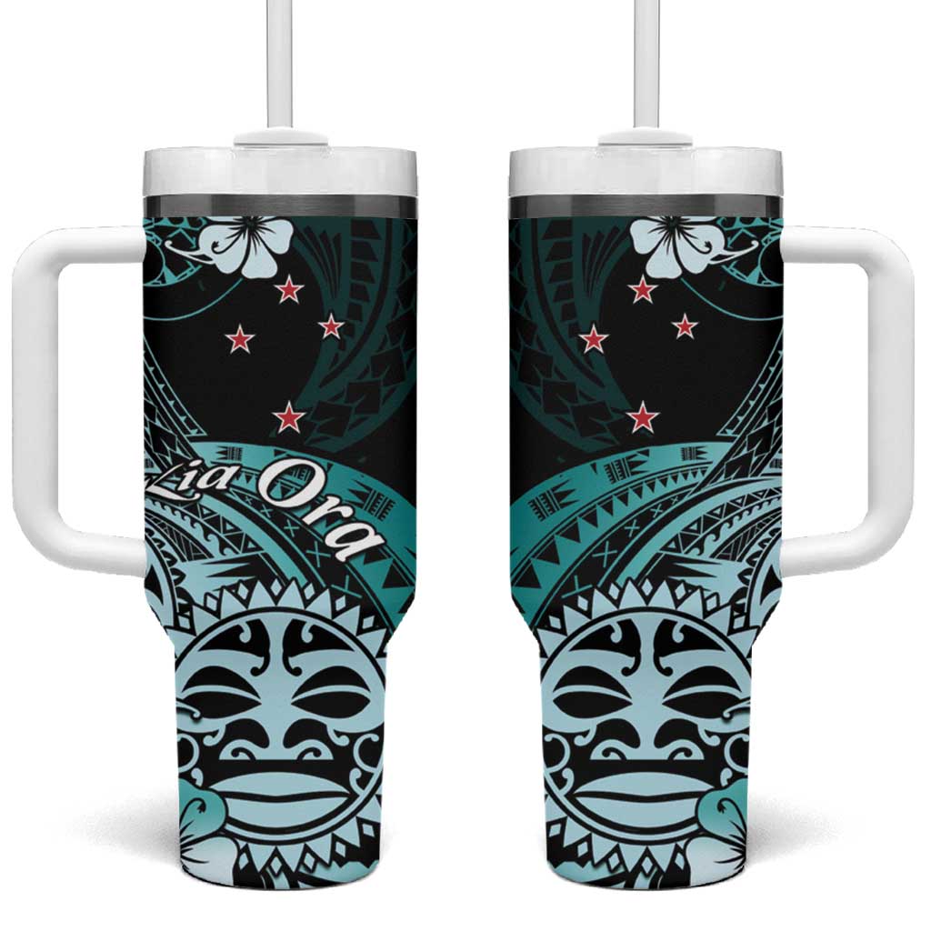 Aotearoa Kia Ora New Zealand Ta Moko Turquoise Version Tumbler With Handle LT01 One Size: 40 oz Turquoise - Polynesian Pride