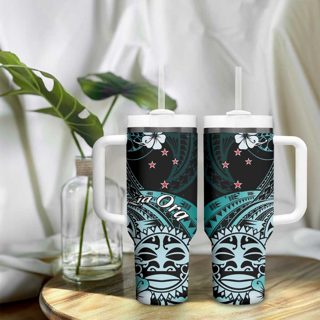 Aotearoa Kia Ora New Zealand Ta Moko Turquoise Version Tumbler With Handle LT01 - Polynesian Pride