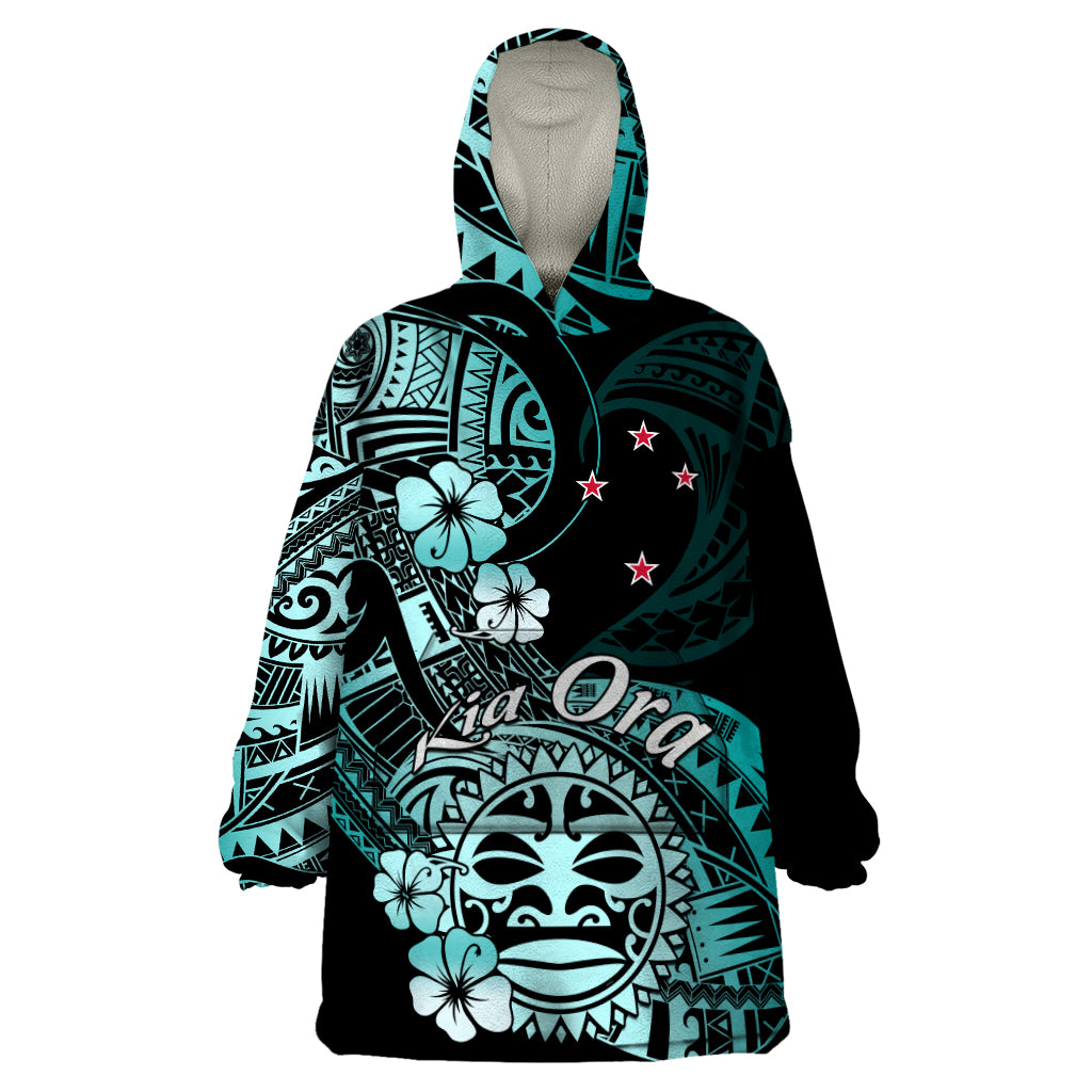 Aotearoa Kia Ora New Zealand Ta Moko Turquoise Version Wearable Blanket Hoodie LT01 One Size Turquoise - Polynesian Pride