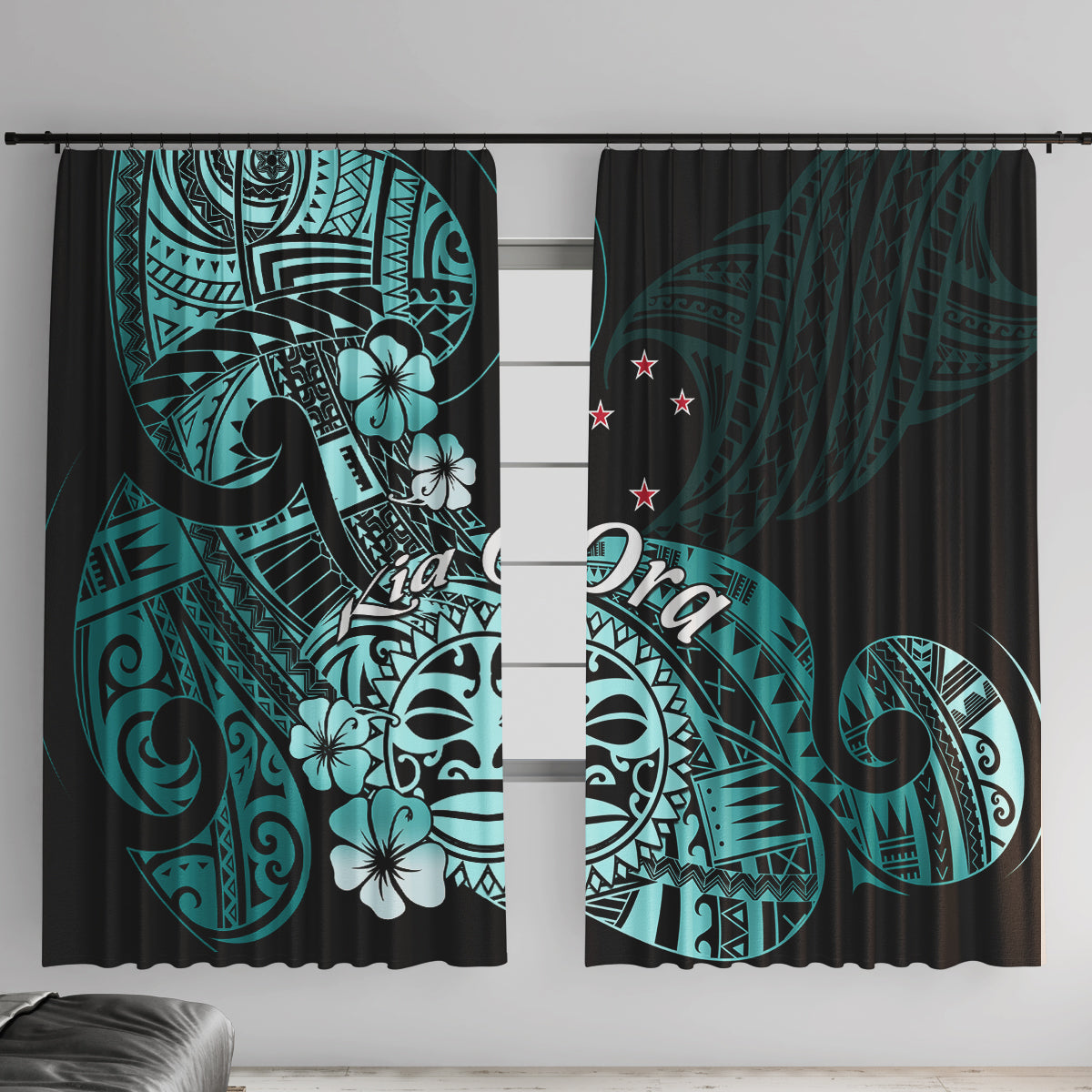 Aotearoa Kia Ora New Zealand Ta Moko Turquoise Version Window Curtain LT01 With Hooks Turquoise - Polynesian Pride